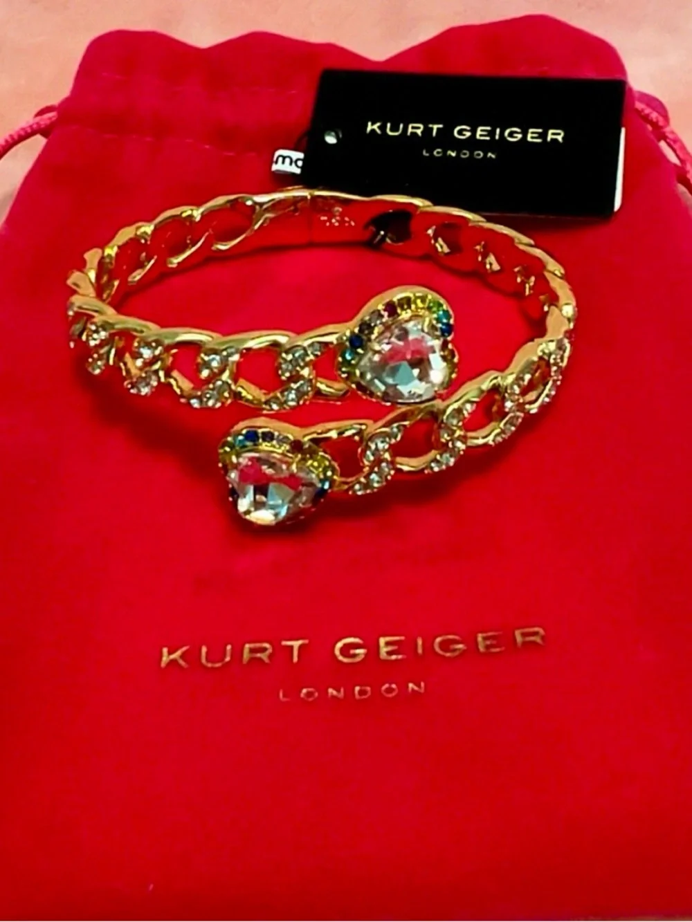 Kurt Geiger Gold Heart Crystal Open Bangle with Multicolor Accents